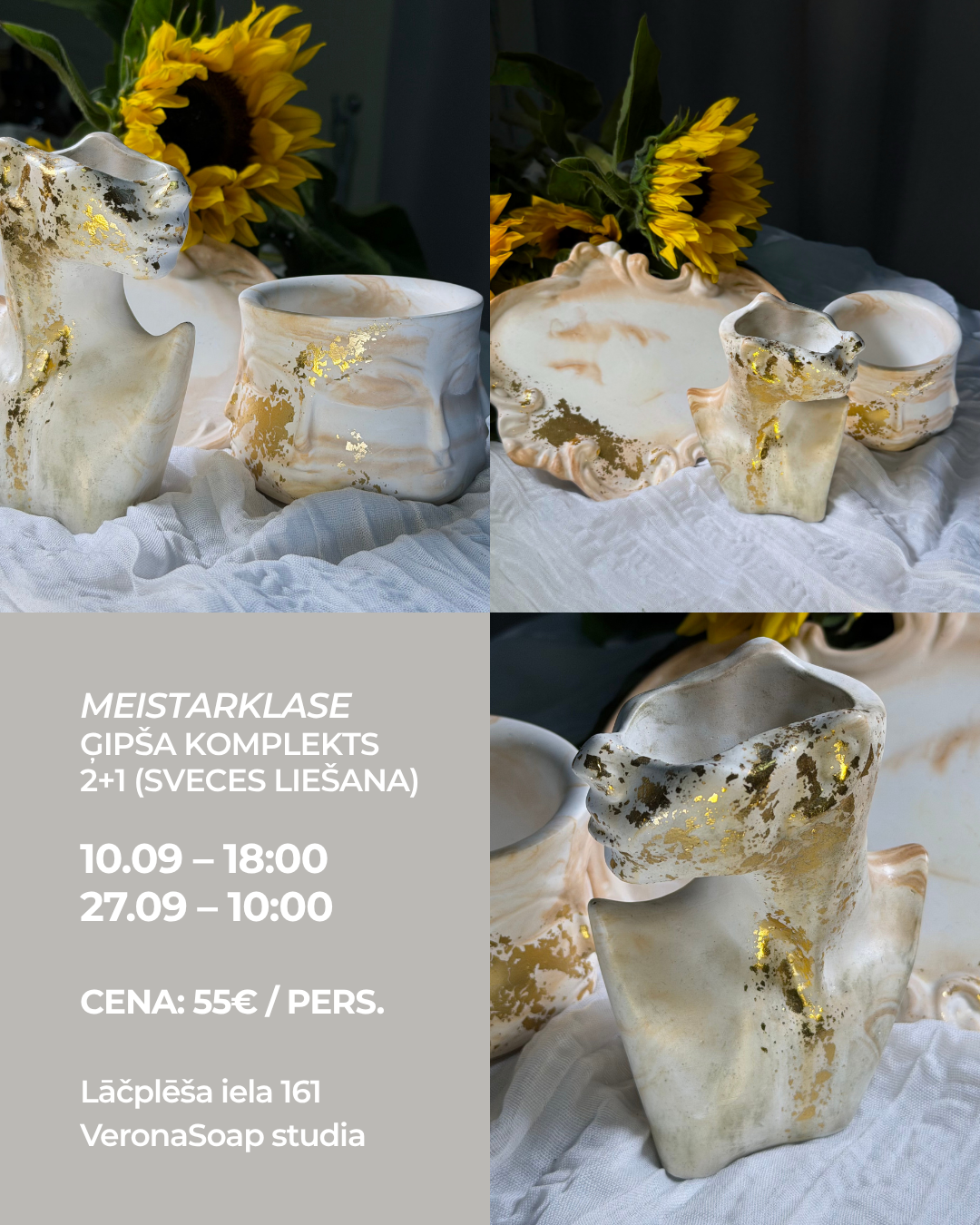 MEISTARKLASE – ĢIPŠA KOMPLEKTS 2+1 (SVECES LIEŠANA)